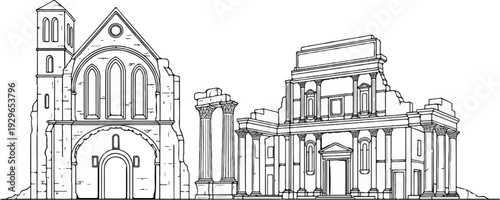 Line drawing of ancient architectural ruins, showing crumbling stone structures and columns