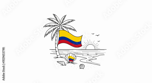 Tropical beach scene with a palm tree, flag, shells, ocean, and sunrise