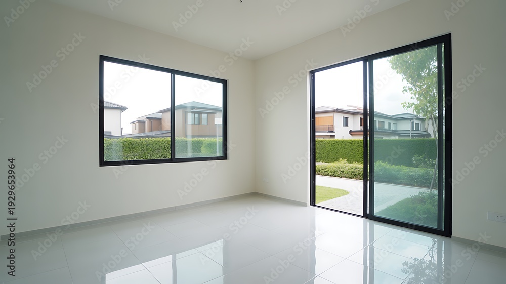 Obraz premium Modern empty room with large windows and bright natural lighting