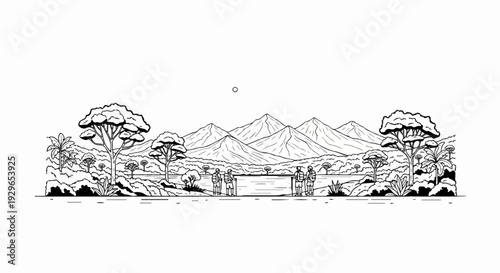 Line drawing of a mountain landscape with trees, people, and a body of water
