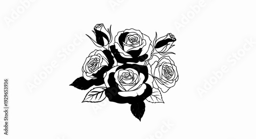 Black and white line art illustration of a bouquet of roses with buds and leaves