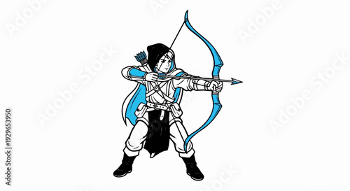 A stylized illustration shows a person in hooded medieval attire drawing a bow