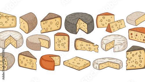 Assortment of different types of cheese slices and wheels including emmental, camembert, and cheddar in a hand drawn sketch style.