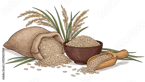 Detailed illustration of brown rice in a burlap sack, a bowl, and a wooden scoop with rice stalks against a clean white backdrop.
