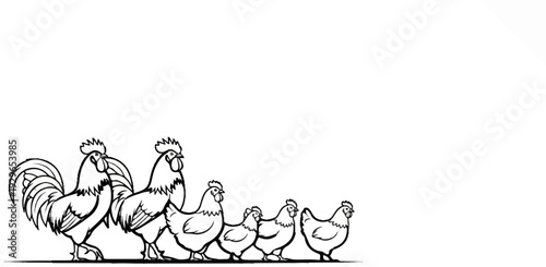 Line drawing of two roosters and four chickens walking in single file