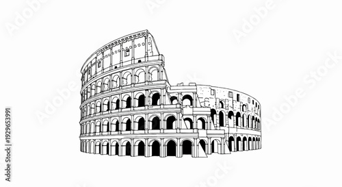 An artistic line drawing of the iconic Roman Colosseum, rendered in black and white