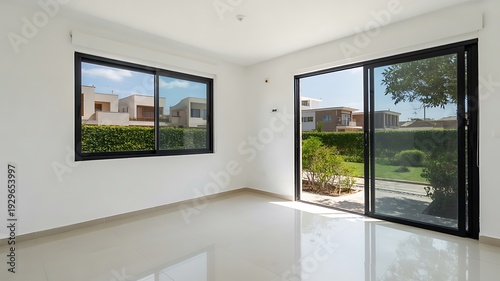 Modern living room with large windows and outdoor garden view