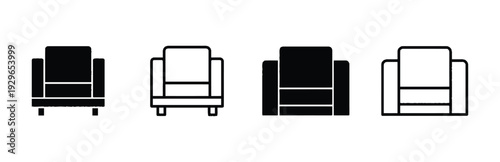 Armchair icons in solid black and outline styles for interior design