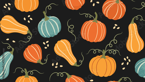 Autumn pattern of various orange and blue pumpkins with seeds on a dark background celebrating thanksgiving and harvest season.