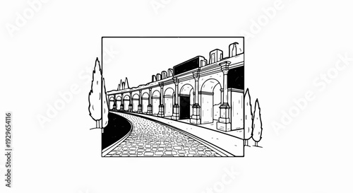 Ancient Roman arches with a cobblestone path leading towards them under a clear sky