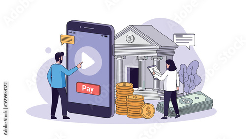 People using a large mobile phone for digital banking and online payments with a bank building, coins, and dollar bills nearby.