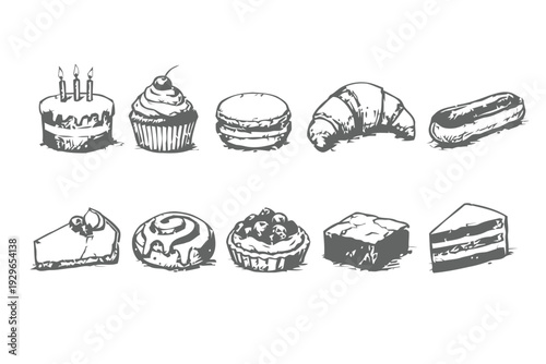 Assortment of delicious baked goods and pastries in sketch style