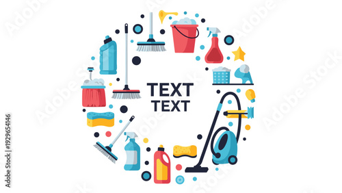 Cleaning equipment and household supplies arranged in a circle for professional janitorial services and domestic housework tasks.