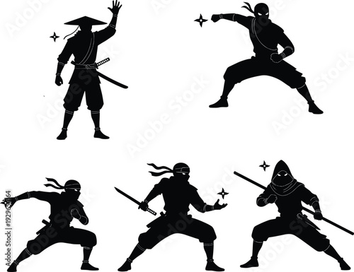 Black silhouettes of ninja warriors in various fighting poses