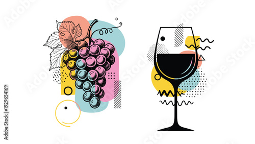 Artistic composition of a grape bunch and a glass of red wine decorated with abstract colorful shapes and geometric patterns.
