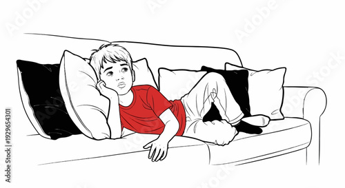 Young boy in red shirt reclines on sofa with pillows, looking up