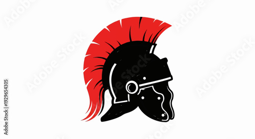 Stylized black helmet with a red plume on a white background