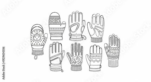 A collection of various hand-drawn gloves and mittens with intricate patterns and textures