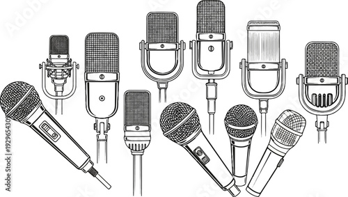 A collection of vintage and modern microphones drawn in black and white