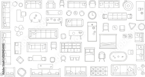 Top view furniture set collection, detailed architectural line drawing icons of sofas, tables, chairs, beds, cabinets for interior floor plan design projects
