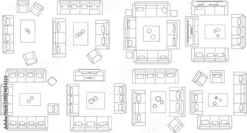 Top view living room furniture layout collection, architectural outline sofas and coffee tables arrangement for interior design floor plan projects