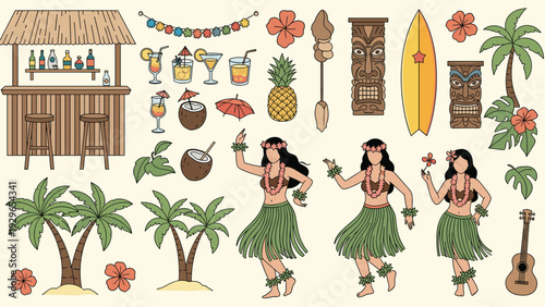 Hawaiian culture collection featuring hula dancers, tiki masks, surfboards, palm trees, and tropical cocktails on a light background.
