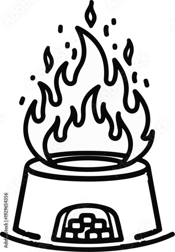 A hand-drawn illustration of a stylized campfire on a stone base, with flames and sparks