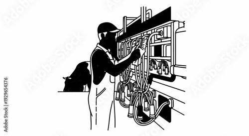 Farmer operates milking equipment with cow nearby