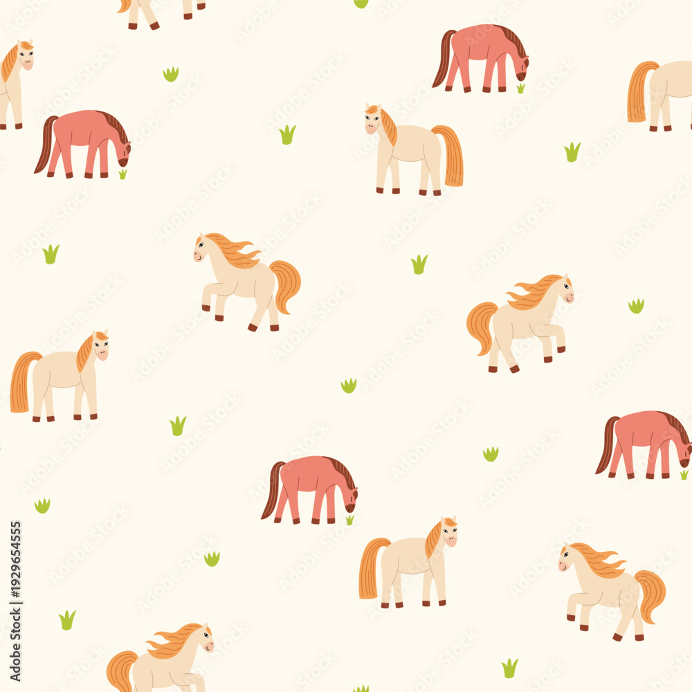 Obraz premium Cute horses are walking in the meadow seamless pattern. Vector flat background for textile, wrapping paper, fashion, etc.