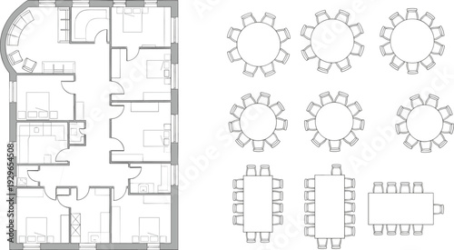 Top view residential building floor plan and dining table layout set, architectural outline interior design blueprint for apartment planning illustration