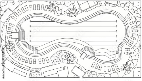 Top-down view of a resort pool with lanes, slides, loungers, and palm trees