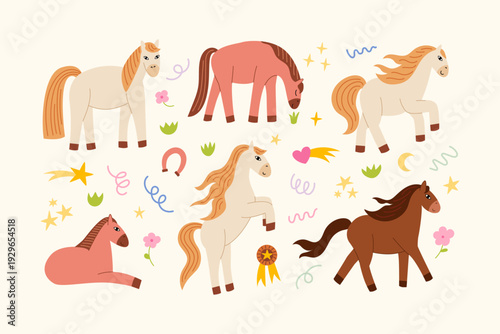 Set of cute various horses, horseshoe, award ribbon and other elements. Vector flat illustration of farm animals