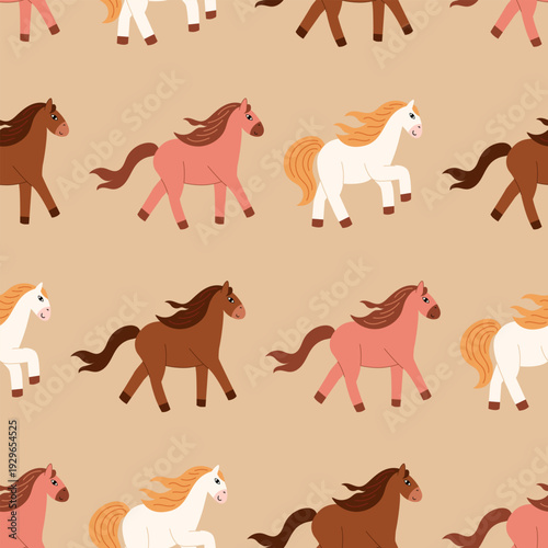 Seamless pattern with various running horses. Vector illustration. Flat background for textile, wrapping paper, fashion, etc.