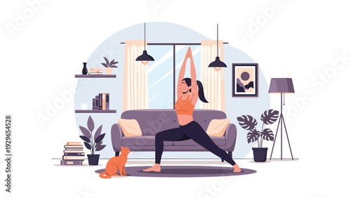Woman practicing yoga in a warrior pose inside her cozy living room with her pet cat watching from the floor near books and plants.