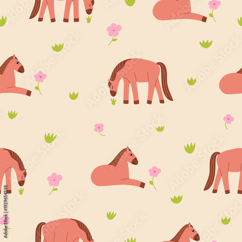 Vászonkép Cute brown horses are walking and sitting in the meadow seamless pattern