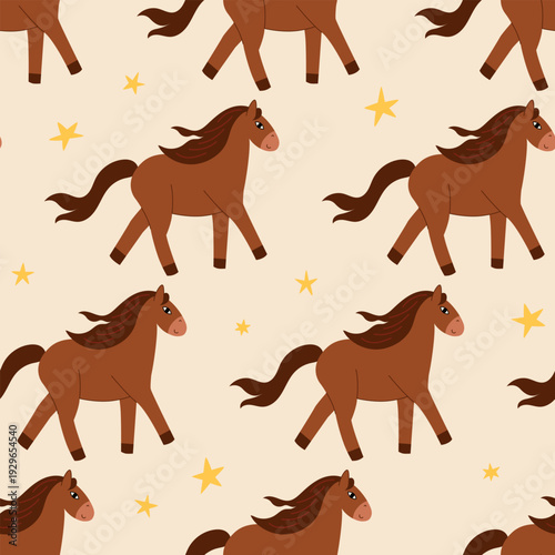 Vászonkép Seamless pattern with brown running horses and stars
