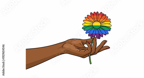 A hand holding a flower with rainbow petals against a white background