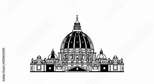 A black and white line drawing of a large domed building with sculptures