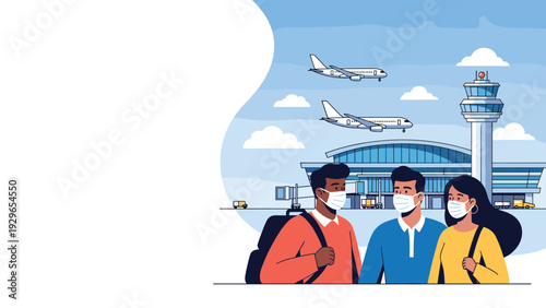 Group of diverse people wearing protective face masks at the airport terminal with airplanes and control tower in the background.