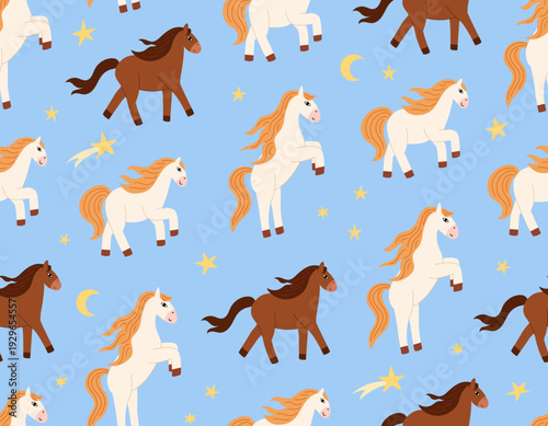 Seamless pattern with brown and white horses and stars. Fantasy vector flat background for textile, wrapping paper, fashion, etc.
