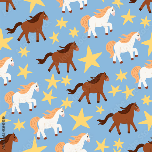 Seamless pattern with various running horses and stars. Vector illustration. Flat background for textile, wrapping paper, fashion, etc.