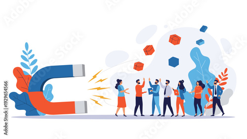 Large horseshoe magnet attracting a group of office workers and cardboard boxes representing recruitment and customer retention.