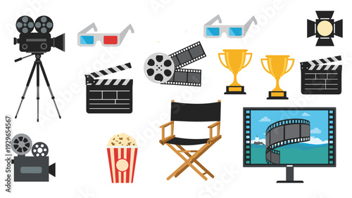 Collection of flat film industry icons including movie cameras, clapperboards, award trophies, popcorn, and theater chairs.