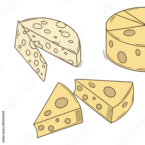 A gourmet set of yellow Swiss and cheddar cheese slices and dice icons featuring healthy dairy holes in a cartoon vector illustration on white for a snack or pizza meal
