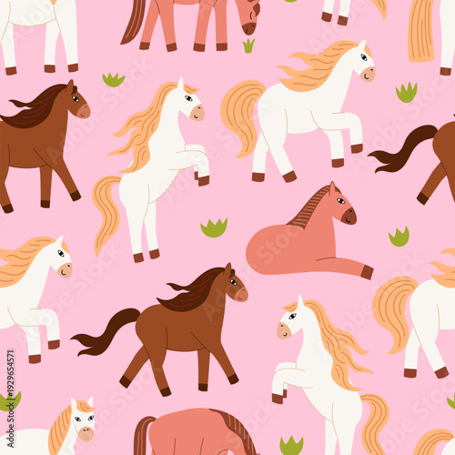 Seamless pattern with various horses in cute flat style. Vector background for textile, wrapping paper, fashion, etc.