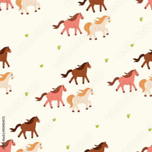 Seamless pattern with running horses in different stallion breeds. Vector flat background