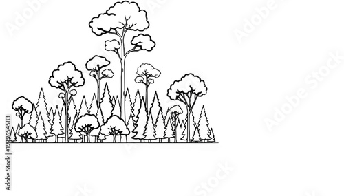 Diverse trees and plants line the horizon in a black and white illustration