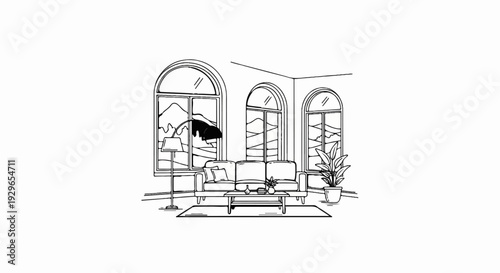 Interior scene with arched windows, a sofa, coffee table, and a floor lamp