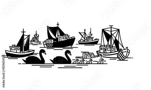 A stylized black and white drawing of various boats and water birds on water