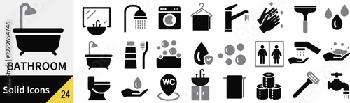 Bathroom solid icons for hygiene and home interior decoration